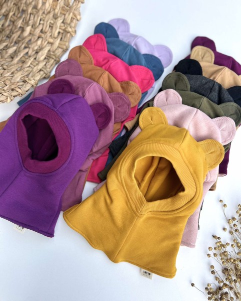 Medvilninis žieminis šalmukas su "Peliuko ausys", (merino/medvilninis pamušalas), 13 spalvų