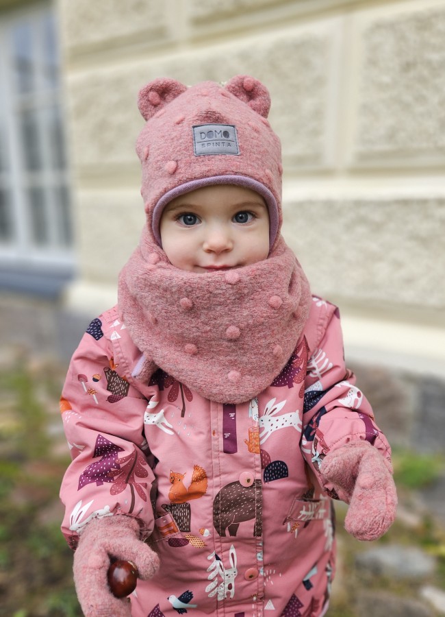 Žieminis komplektas su ausimis ( vilna su burbuliukais su raištukais), 10 spalvų