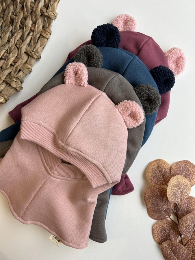 Medvilninis žieminis šalmukas su ausimis "Teddy meškutis" (merino/medvilninis pamušalas), 13 spalvų