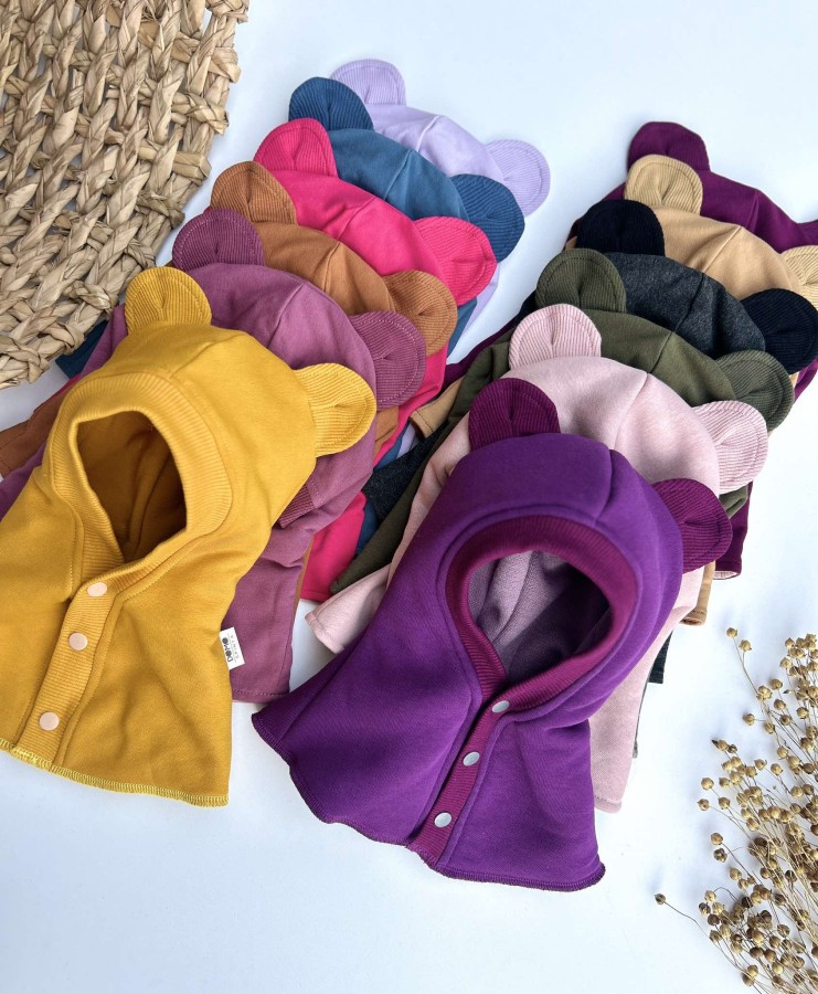 Susegamas medvilninis žieminis šalmukas su "Peliuko ausys", (merino/medvilninis pamušalas), 13 spalvų